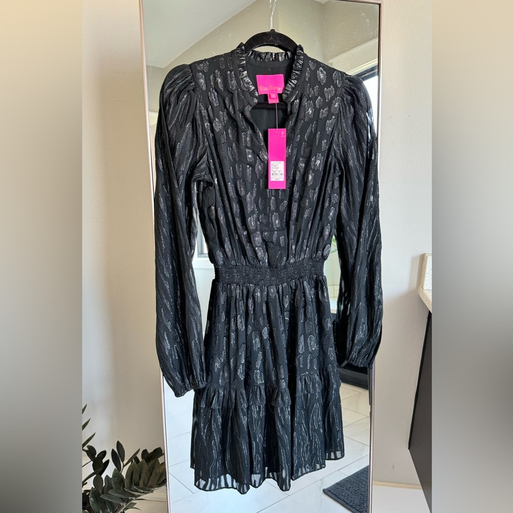 Lilly Pulitzer Avelynn Silk Dress 00 Onyx Seeing Spots Metallic Clip